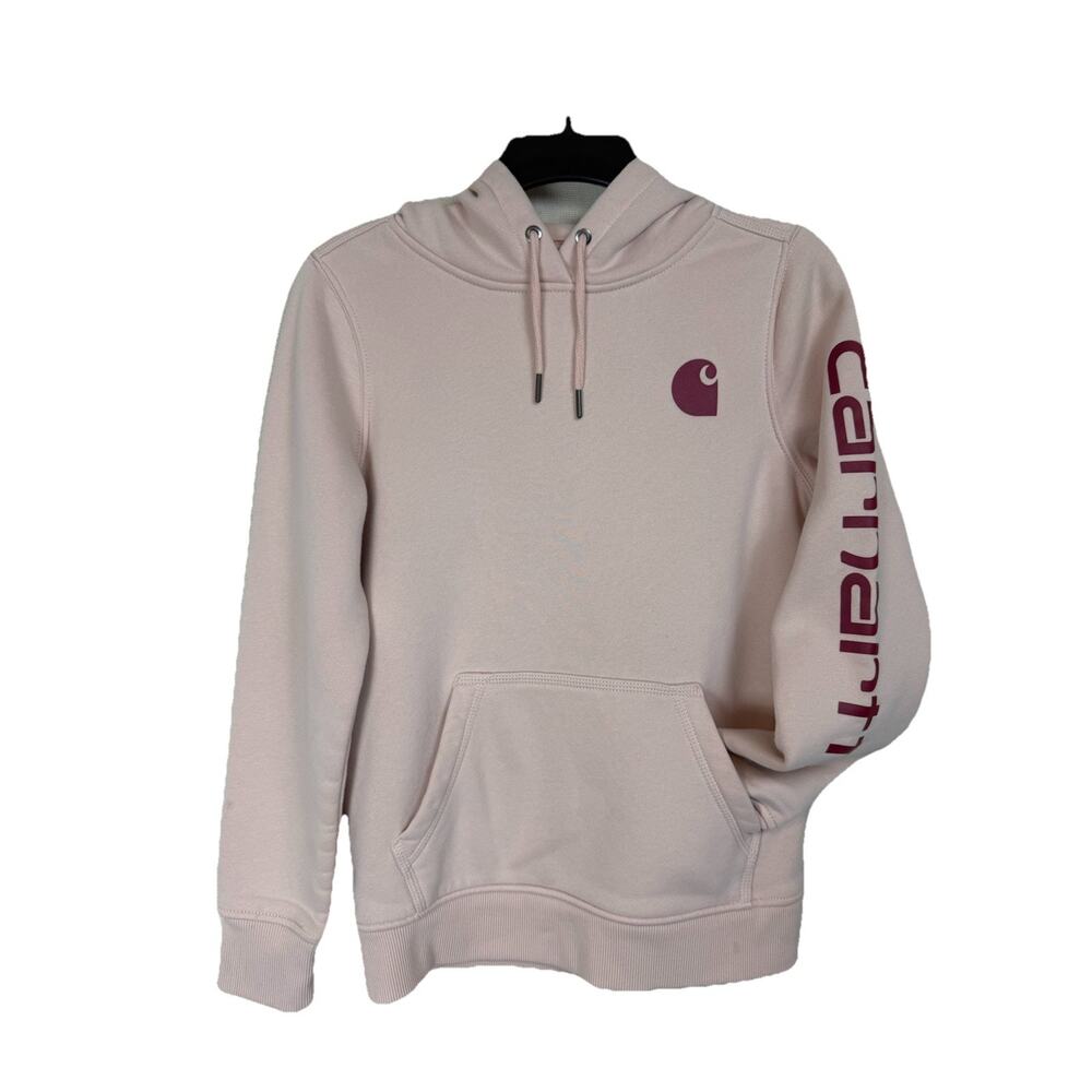 Carhartt‎ Hoodie Womens Small XS Pink Sleeve Logo Fleece Pullover Relaxed Fit